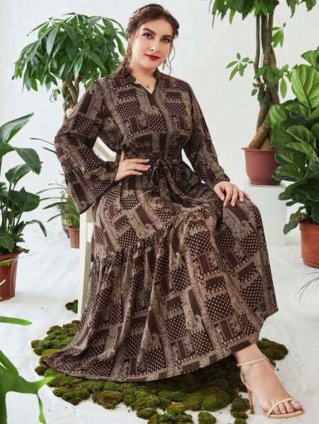 plus paisley scarf print notched neckline belted dress z27n#, Black