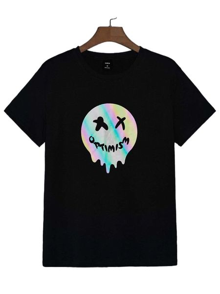 men reflective letter & cartoon face print tee i54n#, White;black 
men reflective letter & cartoon face print tee i54n#, White;black