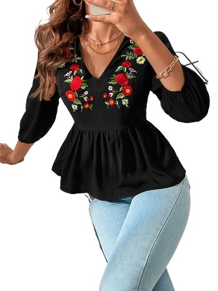 floral embroidery v neck blouse x2i9#, White