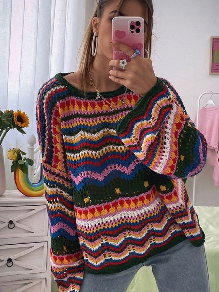 chevron pattern open knit colorblock drop shoulder sweater u7lr#, White;black
chevron pattern open knit colorblock drop shoulder sweater u7lr#, White;black