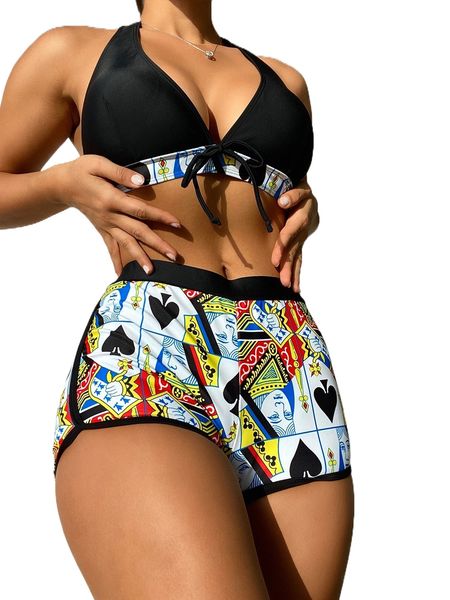 playing card print halter shorts bikini swimsuit n1on#, White;black 
playing card print halter shorts bikini swimsuit n1on#, White;black