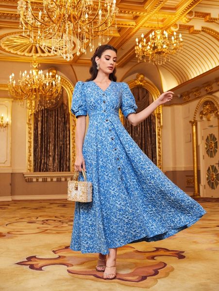 all over print button front puff sleeve dress p708#, Black;gray 
all over print button front puff sleeve dress p708#, Black;gray