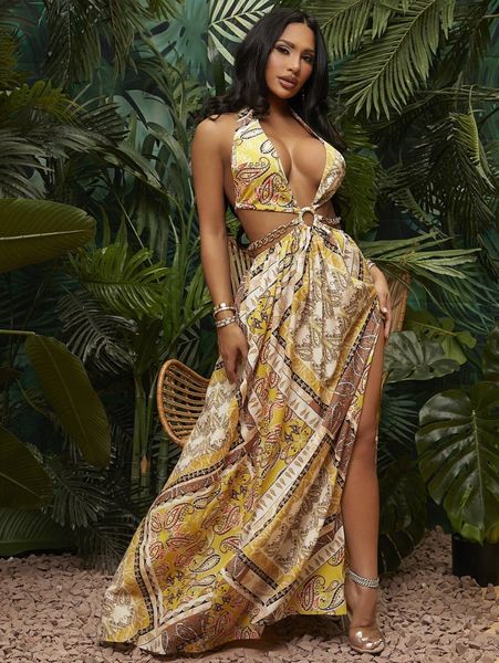 sxy paisley scarf print cut out chain detail split thigh halter dress o78p#, Black;gray
sxy paisley scarf print cut out chain detail split thigh halter dress o78p#, Black;gray