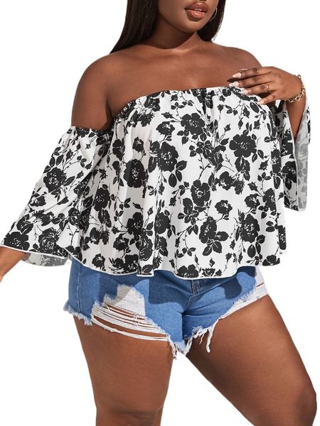 plus floral print off shoulder blouse b38u#, Black
plus floral print off shoulder blouse b38u#, Black