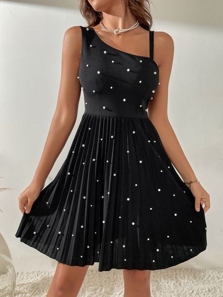 asymmetrical neck pearls detail pleated hem dress o7e9#, Black;gray
asymmetrical neck pearls detail pleated hem dress o7e9#, Black;gray