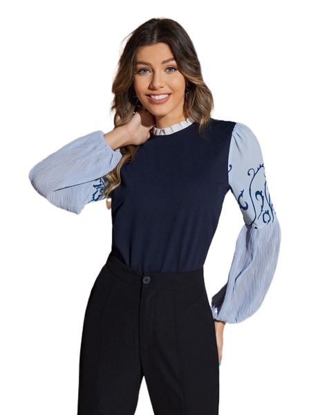x squid house scroll print lantern sleeve frilled blouse u4co#, White