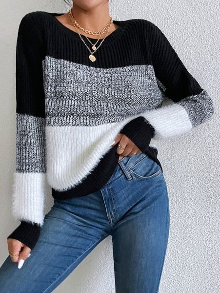 color block drop shoulder sweater k3re#, White;black
color block drop shoulder sweater k3re#, White;black