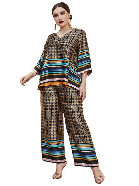 plus geo & striped blouse & pants t1od#, Black