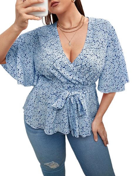 plus ditsy floral flutter sleeve overlap collar peplum hem belted blouse 84lh#, Black
plus ditsy floral flutter sleeve overlap collar peplum hem belted blouse 84lh#, Black