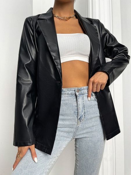 lapel collar single button pu leather blazer x42a#, White
lapel collar single button pu leather blazer x42a#, White