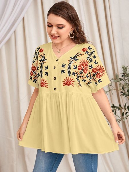 plus floral embroidery half button babydoll blouse n3cd#, Black