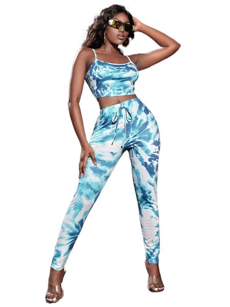 sxy tie dye crop cami & leggings set a2vy#, White