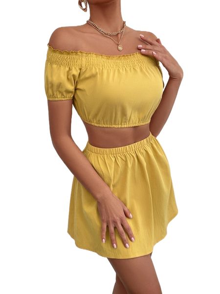 frill trim off shoulder crop & skirt o4zj#, White