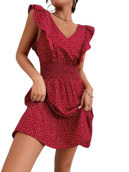 polka dot print shirred ruffle trim dress i80w#, Black;gray 
polka dot print shirred ruffle trim dress i80w#, Black;gray