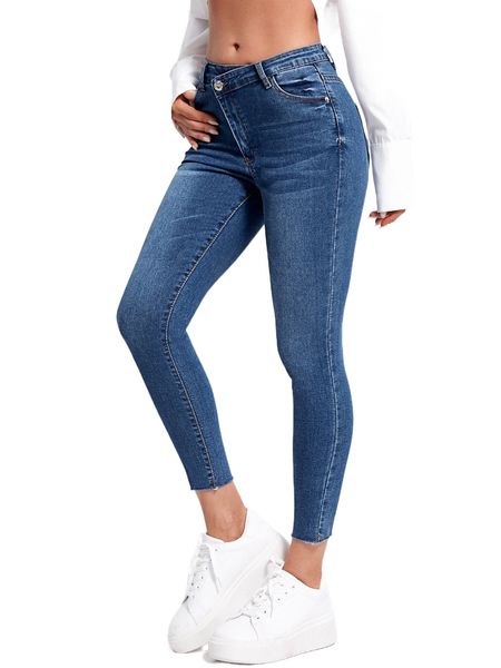 asymmetrical waist raw cut skinny jeans b9sr#, Blue