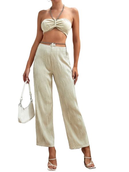 chain detail tie backless halter & pants 60ei#, White