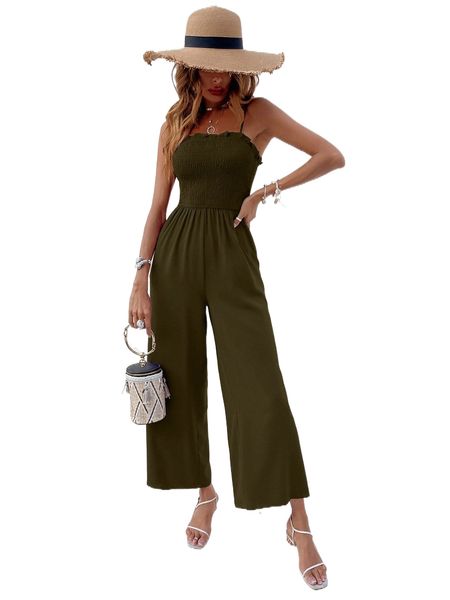 frill trim shirred cami jumpsuit w62a#, Black;white 
frill trim shirred cami jumpsuit w62a#, Black;white