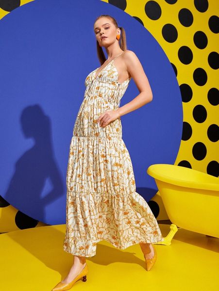 x bianca allover print knot side ruffle hem cami dress x1ls#, Black;gray
x bianca allover print knot side ruffle hem cami dress x1ls#, Black;gray