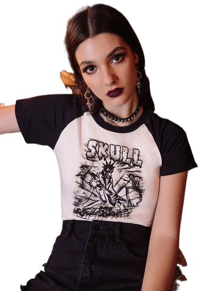 romwe punk rock letter skull graphic colorblock tee 19ar#, White 
romwe punk rock letter skull graphic colorblock tee 19ar#, White