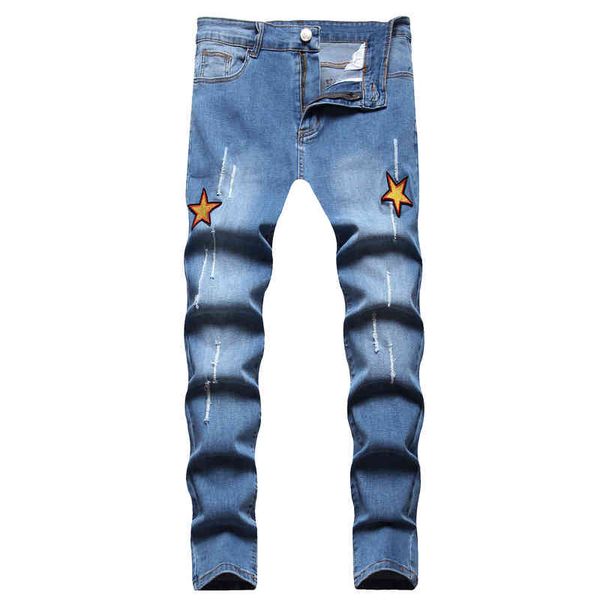 men's jeans 2022 spring and autumn men's casual pierced embroidery slim fit denim small foot personalized trend jeans 1md6, Blue
men's jeans 2022 spring and autumn men's casual pierced embroidery slim fit denim small foot personalized trend jeans 1md6, Blue