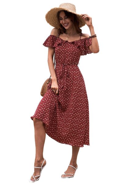 ditsy floral cold shoulder ruffle trim belted dress p5l0#, Black;gray
ditsy floral cold shoulder ruffle trim belted dress p5l0#, Black;gray