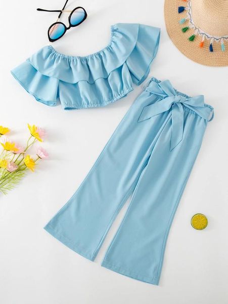 toddler girls ruffle trim & belted flare leg pants she, White