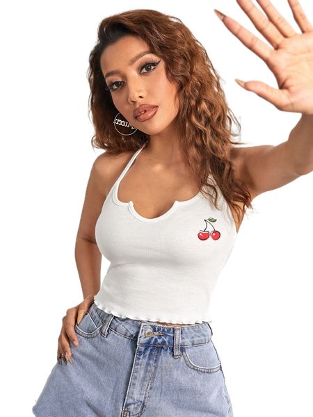 notched neck cherry print lettuce trim tie backless halter p0xk#, White
notched neck cherry print lettuce trim tie backless halter p0xk#, White