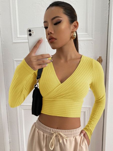 surplice neck rib-knit crop tee t318#, White