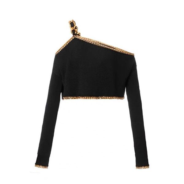 2022 summer knitted long sleeve crop sweater women luxurious goldden chains trimmed pullover irregular shoulder strap short top, White;black
2022 summer knitted long sleeve crop sweater women luxurious goldden chains trimmed pullover irregular shoulder strap short top, White;black