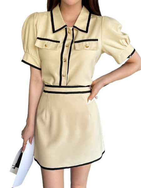 dazy contrast binding puff sleeve blouse & skirt m1y6#, White