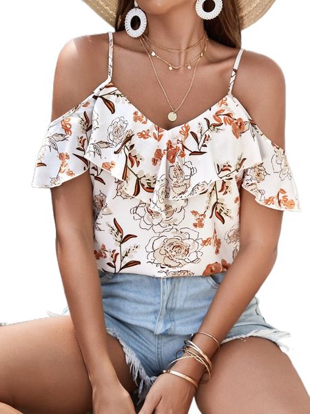 floral print cold shoulder ruffle blouse 10mg#, White