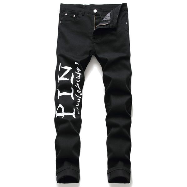 men's jeans pure black slim print red arrow cotton elastic port style men casual street style denim pants, Blue
men's jeans pure black slim print red arrow cotton elastic port style men casual street style denim pants, Blue