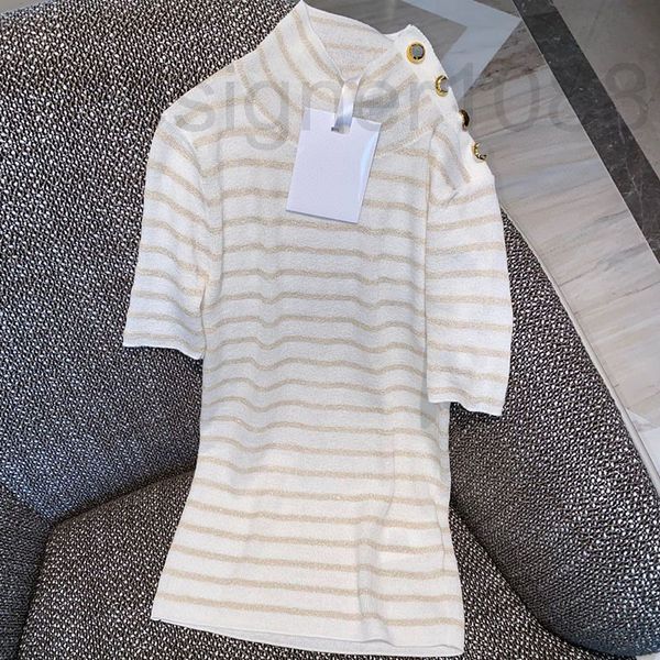 women's knits & tees designer 2022 spring and summer new striped slim fitting gold button design half high neck knitted bottomed shirt, White
women's knits & tees designer 2022 spring and summer new striped slim fitting gold button design half high neck knitted bottomed shirt, White