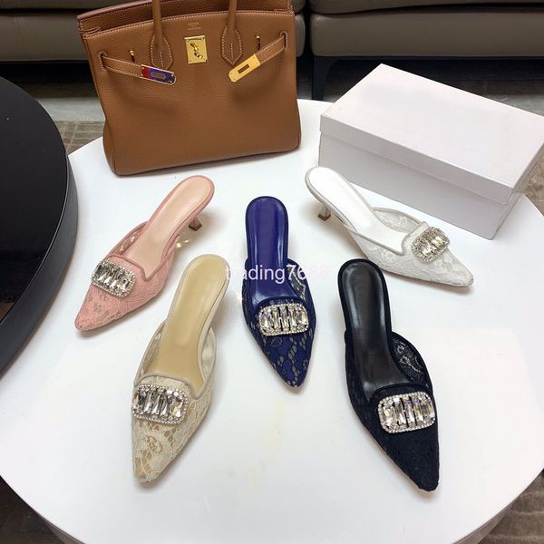 slippers elegant lace slippers women wear summer fashion pointed high-heeled muller baotou semi, Black
slippers elegant lace slippers women wear summer fashion pointed high-heeled muller baotou semi, Black