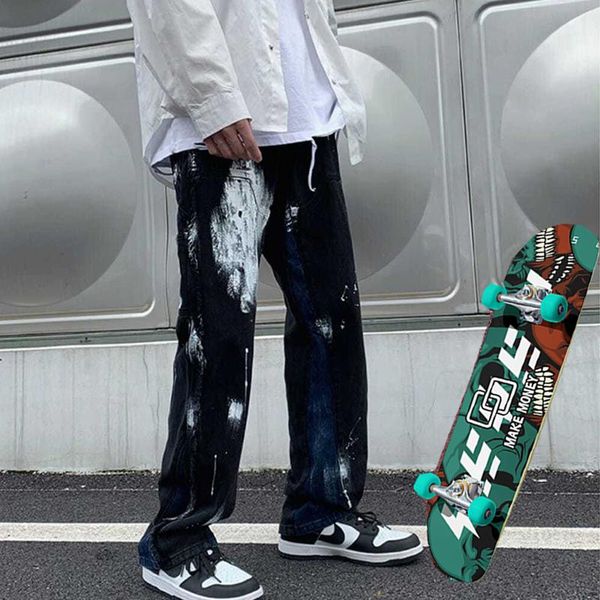 men's jeans and women's loose splash ink y2k pants skateboarding hip hop skating wide leg, Blue 
men's jeans and women's loose splash ink y2k pants skateboarding hip hop skating wide leg, Blue