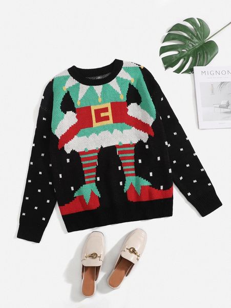 christmas pattern round neck sweater a54t#, White;black
christmas pattern round neck sweater a54t#, White;black