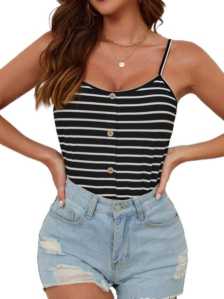 striped fake button cami a10h#, White 
striped fake button cami a10h#, White
