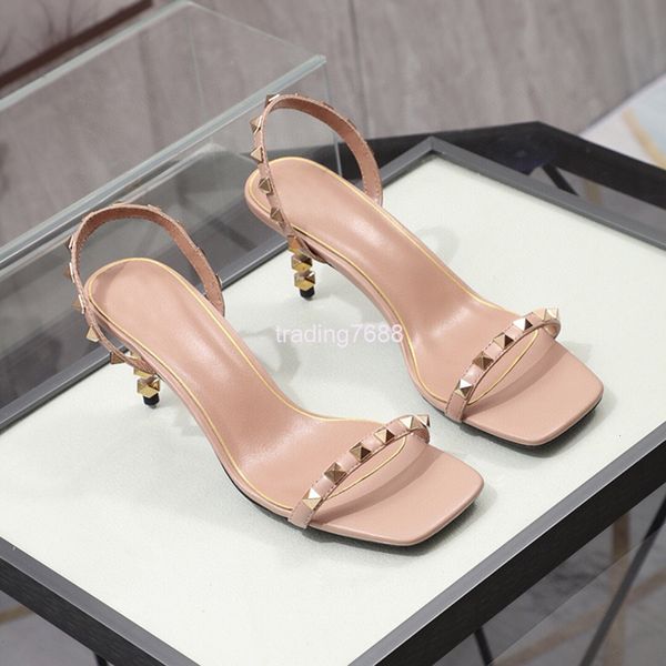 sandals flat buckle high-heeled sandals women's thin heels summer open toe back trip rivet shoes, Black