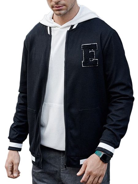 men letter patched striped trim bomber jacket without hoodie e368#, Black;brown
men letter patched striped trim bomber jacket without hoodie e368#, Black;brown