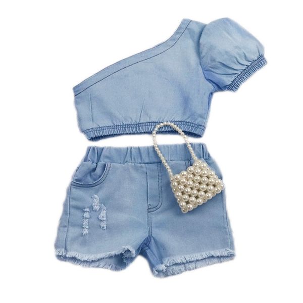 baby summer clothing girl two piece set kid single shoulder crop shirt ripped denim shorts with pockets for children 220525, White
baby summer clothing girl two piece set kid single shoulder crop shirt ripped denim shorts with pockets for children 220525, White