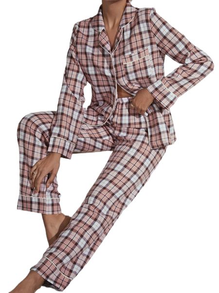 lapel neck plaid patched pocket contrast binding satin pj set w7dp#, Black;red
lapel neck plaid patched pocket contrast binding satin pj set w7dp#, Black;red