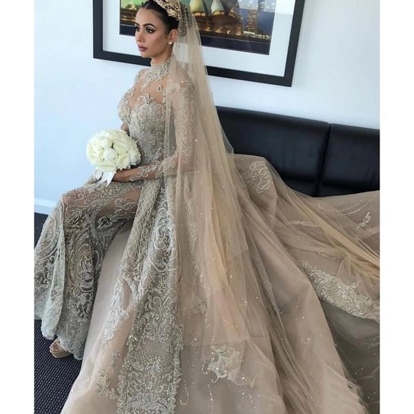 luxury arabic champagne mermaid wedding dresses with detachable train high neck 3d lace long sleeves muslim church wedding gowns, White
luxury arabic champagne mermaid wedding dresses with detachable train high neck 3d lace long sleeves muslim church wedding gowns, White