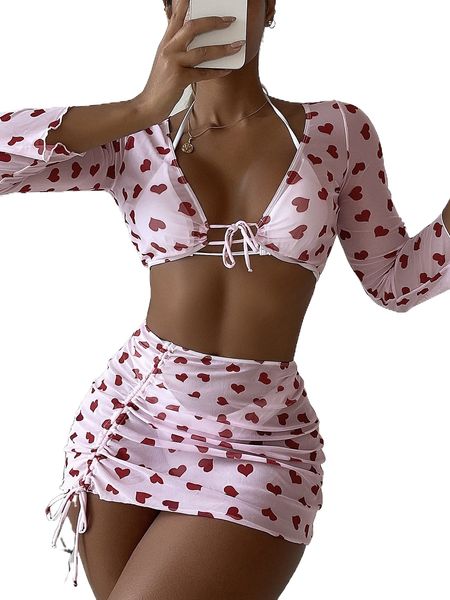 halter triangle bikini swimsuit & heart print cover up set 61r3#, White;black 
halter triangle bikini swimsuit & heart print cover up set 61r3#, White;black