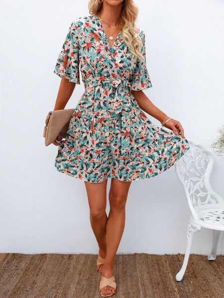 random allover floral print overlap collar ruffle hem belted dress c6e4#, Black;gray
random allover floral print overlap collar ruffle hem belted dress c6e4#, Black;gray