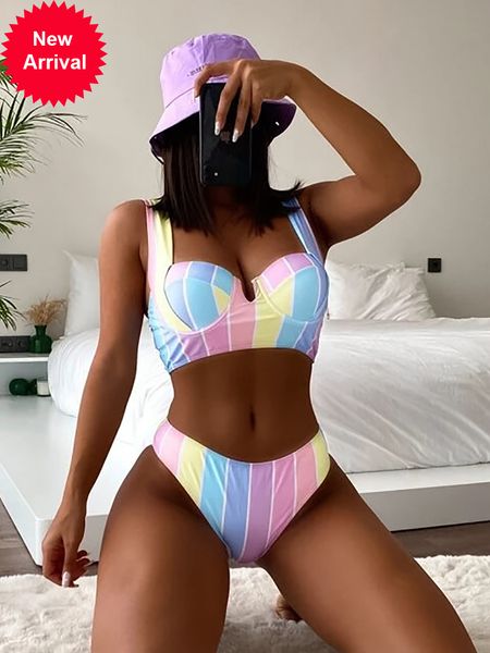 y2k women bright rainbow stripe push up bikini set crop swimsuit swimwear 2022 swim bath suit female beach wear new, White;black
y2k women bright rainbow stripe push up bikini set crop swimsuit swimwear 2022 swim bath suit female beach wear new, White;black