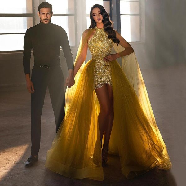 yellow shining backless prom dresses sheath sequined halter neckline short evening gowns with detachable train sweep train formal dress, Black
yellow shining backless prom dresses sheath sequined halter neckline short evening gowns with detachable train sweep train formal dress, Black