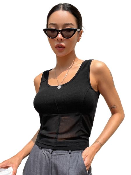 dazy contrast mesh scoop neck tank v4fy#, White 
dazy contrast mesh scoop neck tank v4fy#, White