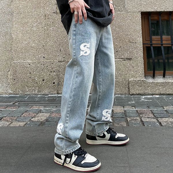 hip hop leather letter embroidery straight jeans pants for men and women pockets loose denim trousers, Blue
hip hop leather letter embroidery straight jeans pants for men and women pockets loose denim trousers, Blue