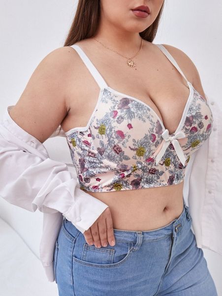 plus floral print bow front underwire bra 82jk#, Black;white
plus floral print bow front underwire bra 82jk#, Black;white