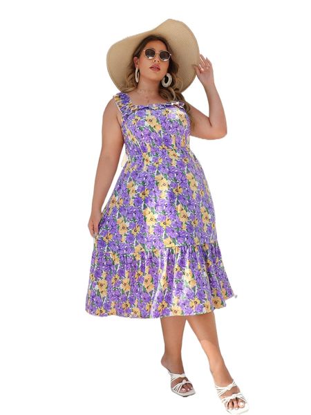 plus allover floral print ruffle hem dress e9fi#, Black